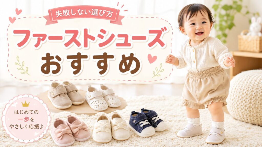 ファーストシューズおすすめ・失敗しない選び方。並べられたベビーシューズと立っている赤ちゃん