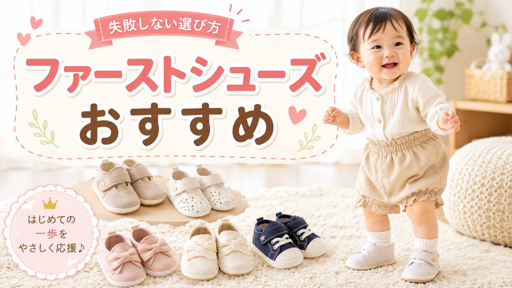 ファーストシューズおすすめ・失敗しない選び方。並べられたベビーシューズと立っている赤ちゃん